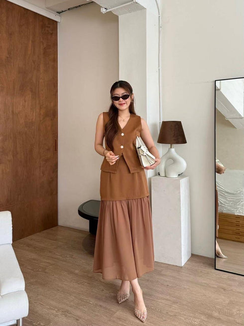 V-neck Sleeveless Blouse With Skirts Sets